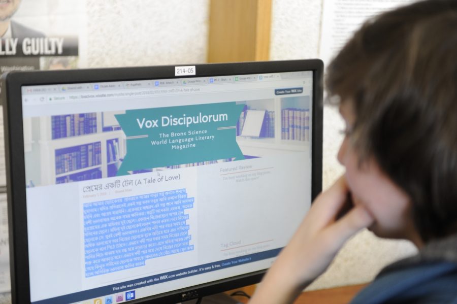 Pietro Topa '19, a writer for Vox Discipulorum, reads a student's submission.