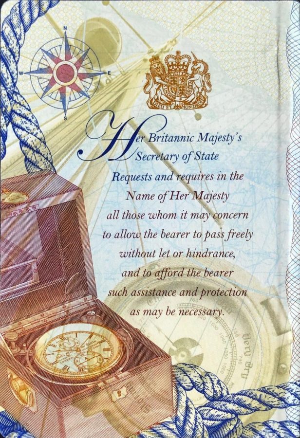 The British passport features many royal symbols and illustrations such as this one on the inside cover. 