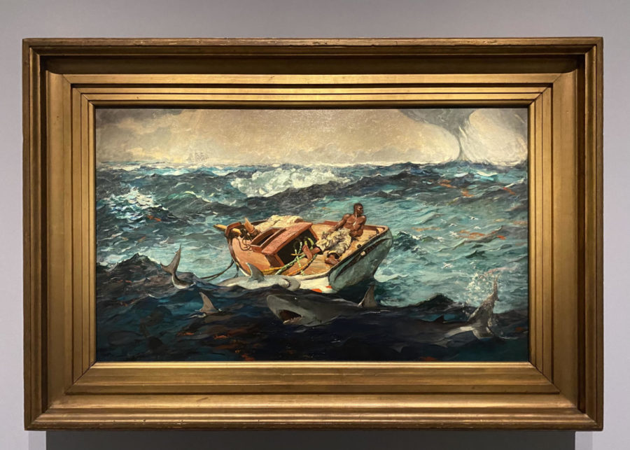 An African American is stranded amidst sharks and sugar cane, both of which represent American imperialism. 
