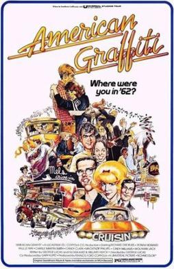 Here is the film poster for 'American Graffiti' with illustrations of scenes in the movie. The caption reads, “Where were you in ’62?” 

