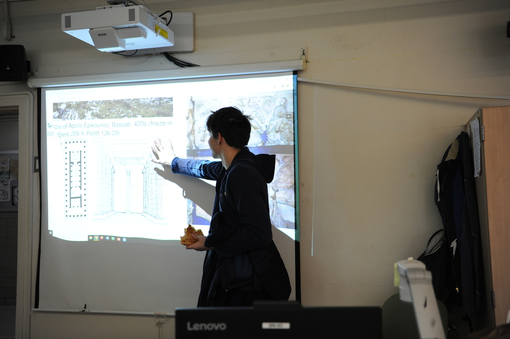 Here, students explore ancient Greek architecture during a meeting of the Ancient Classics Club at Bronx Science.