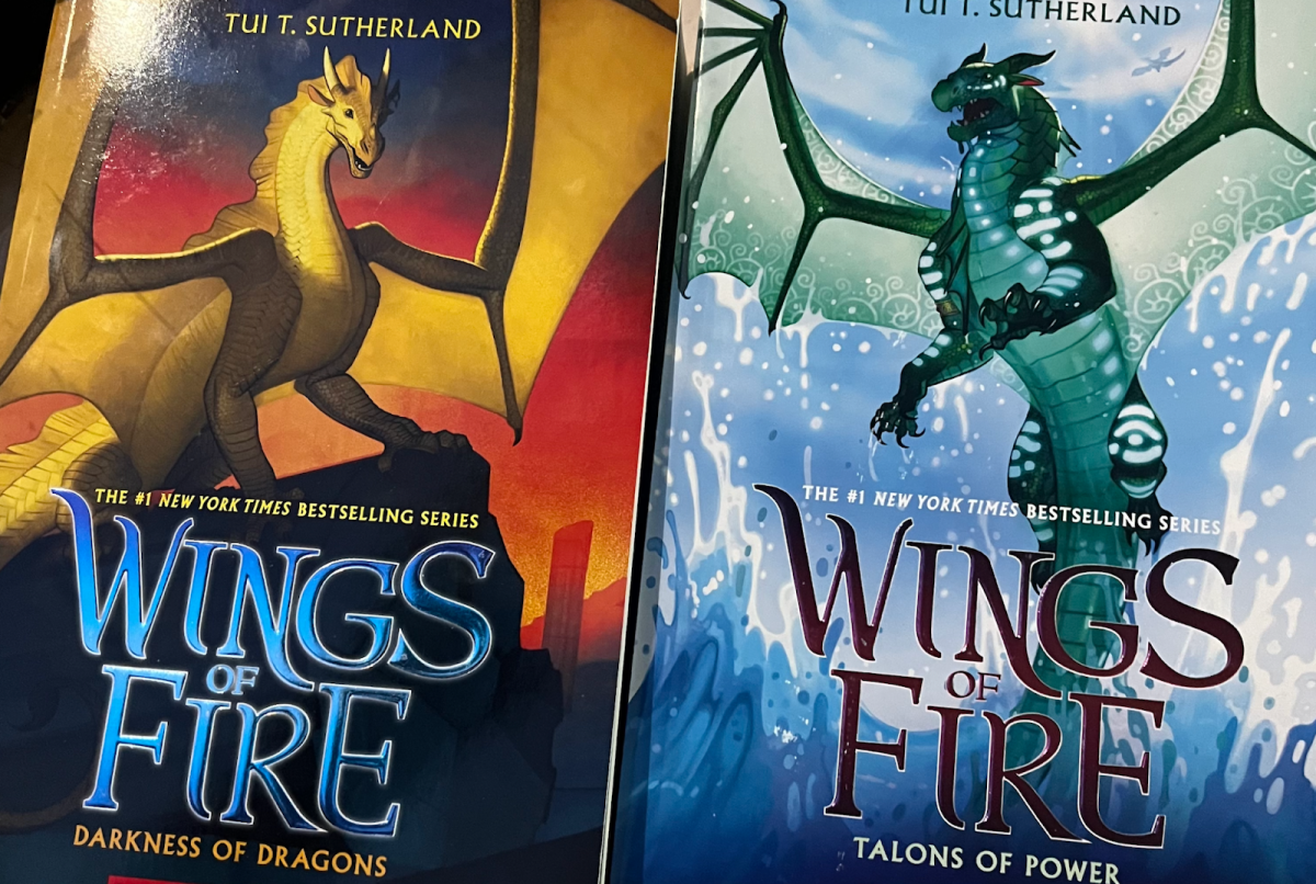 Pictured are the covers of book 10 (at left) and book 9 (at right) showcasing two types of dragons found in the large world presented by 'Wings of Fire.' These are the final two books in the second arc, or series.